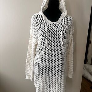Nicole Miller Off-White Hooded Crochet Sweater/Swim Cover-Up